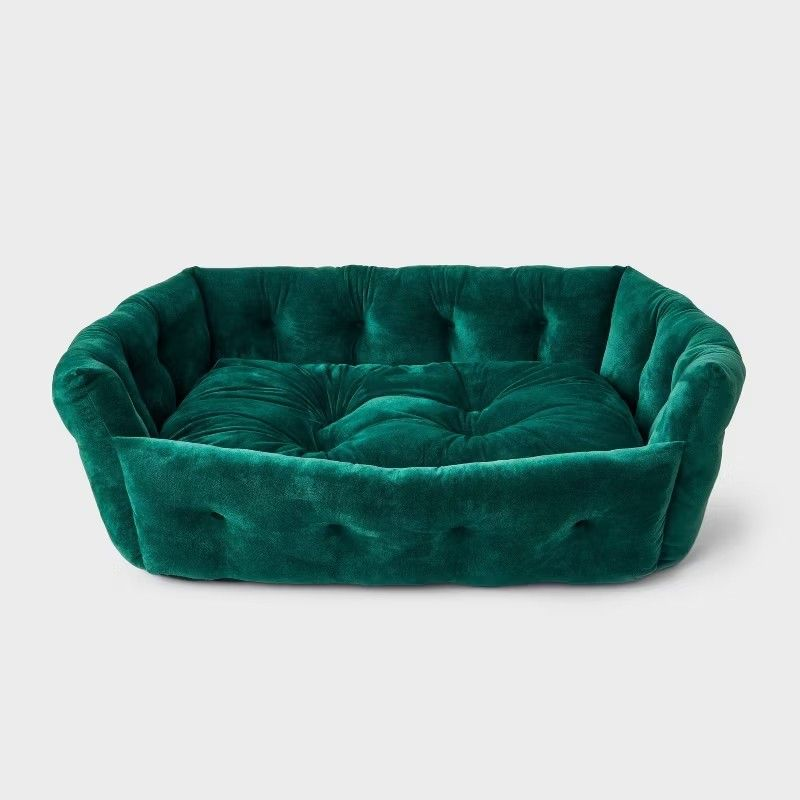 Premium Plush Checkerboard Sofa Dog Bed – Sage Green